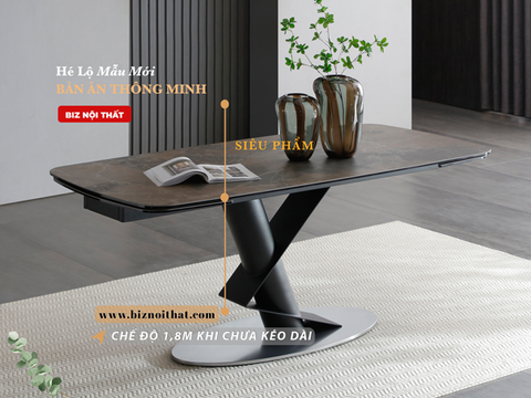 Bàn ăn thông minh kéo dài từ 1,6m đến 2,2m mặt đá Ceramic-1125T thương hiệu Biz Nội Thất