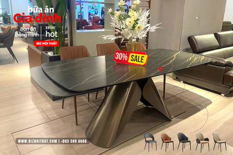 Bàn ăn thông minh kéo dài từ 1,8m đến 2,4m mặt đá Ceramic-1826T thương hiệu Biz Nội Thất