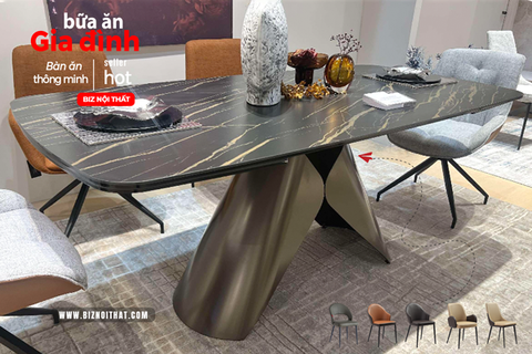 Bàn ăn thông minh kéo dài từ 1,8m đến 2,4m mặt đá Ceramic-1826T thương hiệu Biz Nội Thất