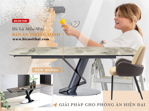 Bàn ăn thông minh kéo dài từ 1,6m đến 2,2m mặt đá Ceramic-1125T thương hiệu Biz Nội Thất