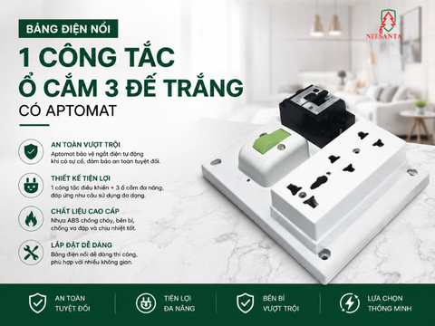 Bảng điện nổi 1 công tắc ổ cắm 3 đế trắng có Aptomat Santa Vina – Thiết bị điện đa năng cho hệ thống lắp đặt hiện đại