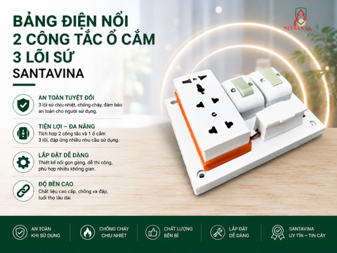 Bảng điện nổi 2 công tắc ổ cắm 3 lõi sứ Santavina | Thiết bị điện cho đại lý và nhà thầu