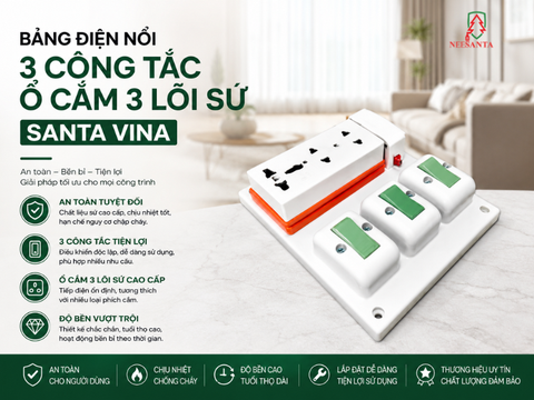 Bảng điện nổi 3 công tắc ổ cắm 3 lõi sứ Santa Vina – Giải pháp cấp điện an toàn cho hệ thống dân dụng và công trình