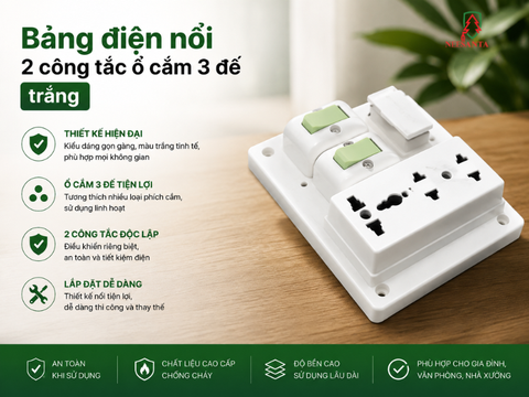 Bảng điện nổi 2 công tắc ổ cắm 3 đế trắng Santa Vina – Thiết bị điện đa chức năng cho hệ thống cấp nguồn chuyên nghiệp
