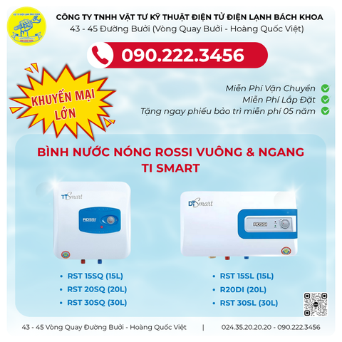 BÌNH NƯỚC NÓNG ROSSI VUÔNG & NGANG TI SMART CHÍNH HÃNG