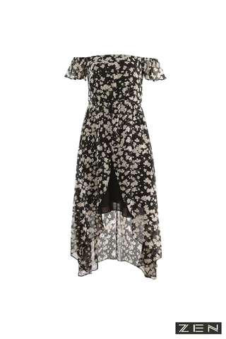 19/V094/M/02/VÁY MAXI, TRỄ VAI, VẠT MULLET, HOA ĐEN