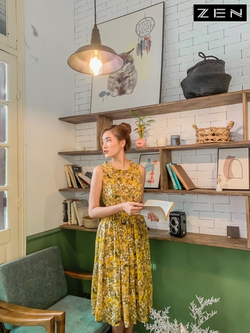 20/V032/04 VÁY MAXI, CHUN BỤNG, HOA VÀNG