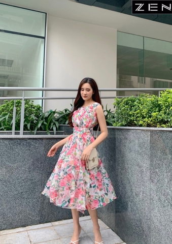 21/V062/01/VÁY SN, XẾP LY NGỰC, HOA HỒNG