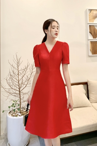 23/V048/L/01/VÁY XÒE, CỔ V, TL BỒNG, ĐỎ