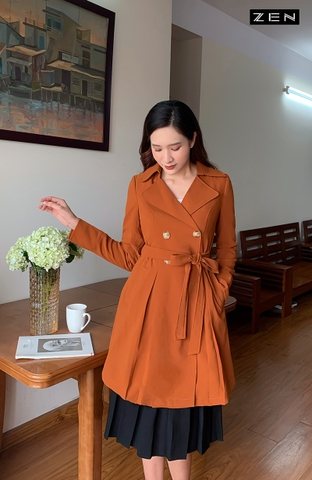 DG 20/A015/M/01/ÁO KHOÁC, CỔ 2 VE, ĐAI EO, NÂU