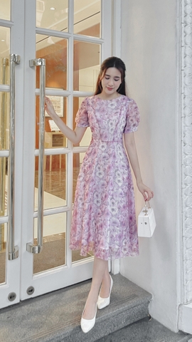 23/V014/02/VÁY VOAN XÒE, CỔ TRÒN, CT, HOA HỒNG