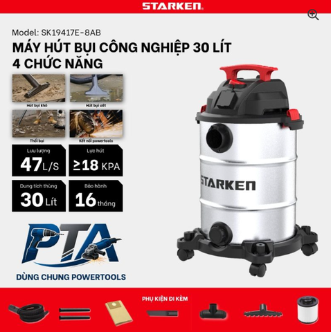 Máy hút bụi Công nghiệp 4 chức năng Starken SK19417E-8AB – 30L – 18Kpa