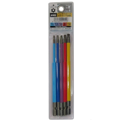 Bộ 5 mũi bắn vít bông sao có lỗ 150mm T10, T15, T20, T25, T30 Anex ACTX5-150L