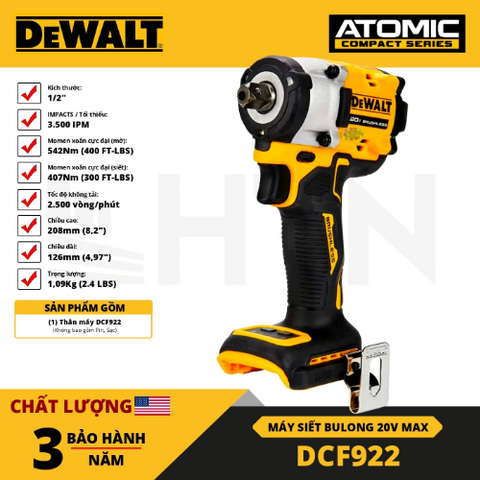 Thân máy bắn bu lông pin Dewalt DCF922N-B1 (Đầu bi) 20V