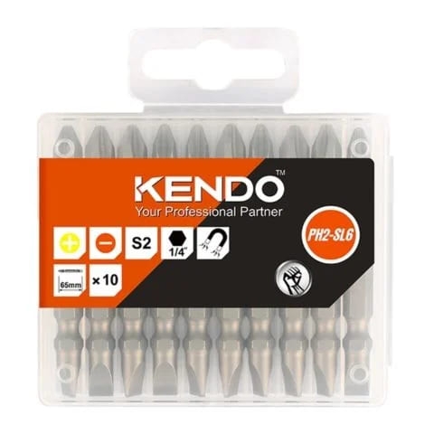 Mũi vít 2 đầu bằng thép S2 PH2-SL6 × 65mm (10 cái/ bộ) Kendo 25404732