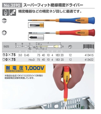 Tua vít điện tử cách điện 2 cạnh PH0 dài 75mm Anex No.3590+0x75