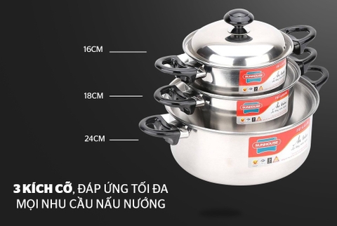 Bộ nồi Inox 1 đáy Sunhouse SH113 quai đệm