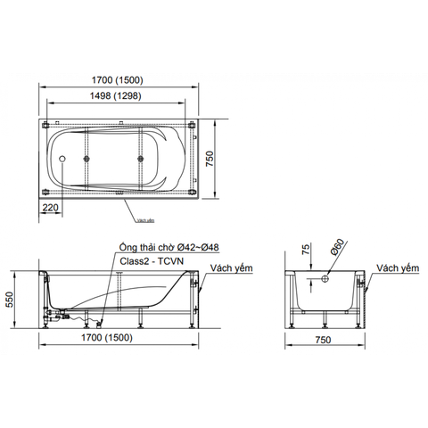 Bồn Tắm Inax FBV-1702SR & FBV-1702SL 1.7M Chân Yếm