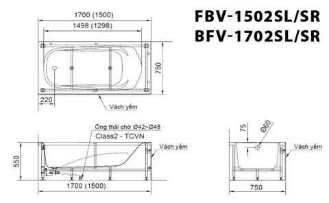Bồn Tắm Inax FBV-1502SL & FBV-1502SR 1.5M Chân Yếm INAX