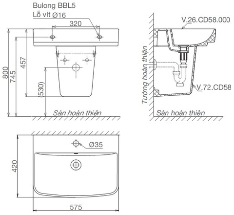 Chậu Rửa Lavabo Viglacera CD58 (V58) Chân Ngắn