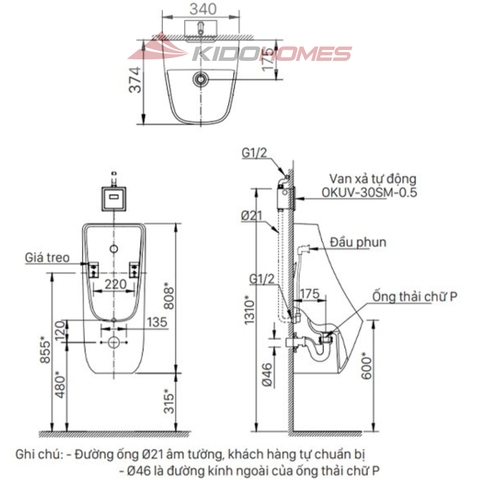 Bồn Tiểu Nam Inax AU-468VAC Treo Tường 0.5L Cấp Âm