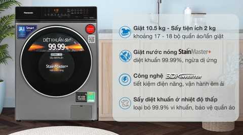 Máy giặt sấy Panasonic giặt 10.5kg sấy 2kg Inverter NA-V105FC1LV