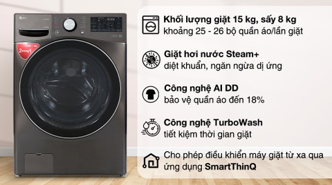 Máy giặt sấy LG giặt 15kg sấy 8kg Inverter F2515RTGB