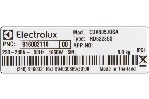 Máy sấy thông hơi Electrolux 8kg EDV805JQSA