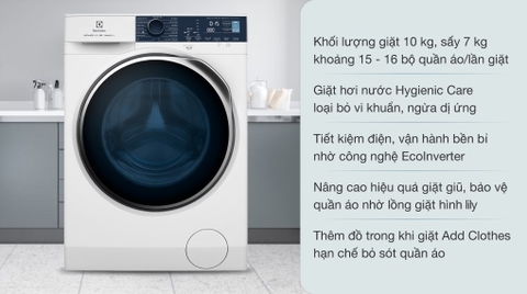 Máy giặt sấy Electrolux 10kg sấy 7kg  Inverter EWW1024P5WB
