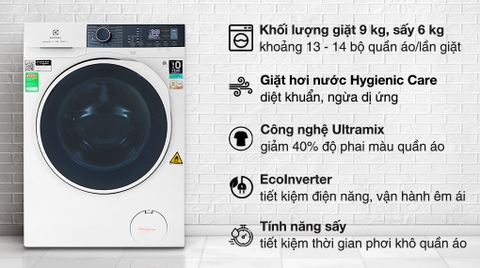 Máy giặt sấy Electrolux 9 kg sấy 6 kg Inverter EWW9024P5WB