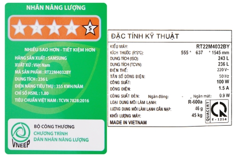 Tủ lạnh Samsung Inverter 236 lít RT22M4032BY/SV
