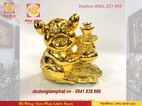 Tượng heo phong thủy nâng hũ tụ bảo mạ vàng
