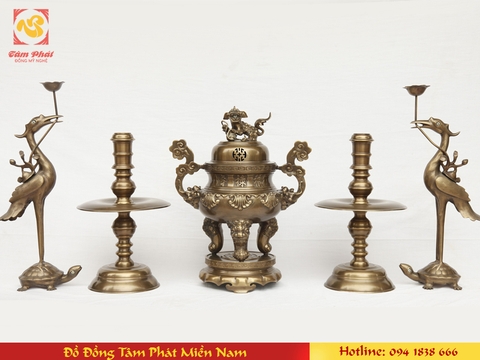 Bộ đỉnh đồng ngũ sự hun nâu hoa sòi 50cm