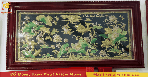 Tranh Cửu Ngư Quần Hội bằng đồng vẽ màu khung gỗ