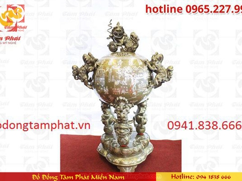 Đỉnh tròn bằng đồng đỏ khảm tam khí cao 1,2m