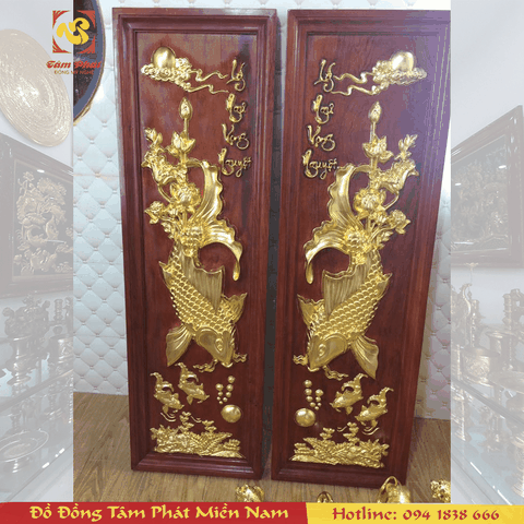 Đôi Tranh Gỗ Lý Ngư Vọng Nguyệt Dát Vàng 9999