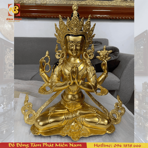 Tượng Quan Âm Tứ Thủ Cao 40cm Dát Vàng 9999