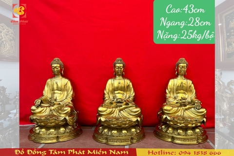 Bộ Tượng Tam Thế Phật bằng đồng cao 43cm, ngang 28cm, nặng 25kg