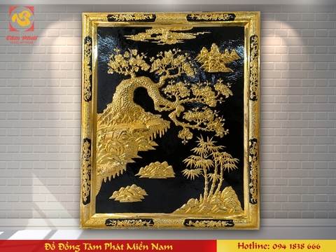 Tranh Đồng Hoa Mai khung mạ vàng 24k nền đen