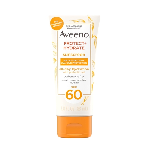 Kem chống nắng  Aveeno Protect + Hydrate Moisturizing Body Sunscreen Lotion, SPF 60 Broad Spectrum & Prebiotic Oat, Oil-, Oxybenzone- & Paraben-Free, Water & Sweat Resistant, Non-Greasy