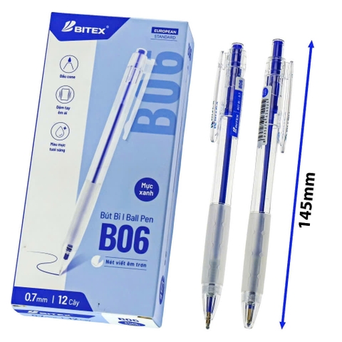 Bút bi bấm BITEX B06, Mực Xanh, Nét 0.7mm (12 Cây/Hộp)