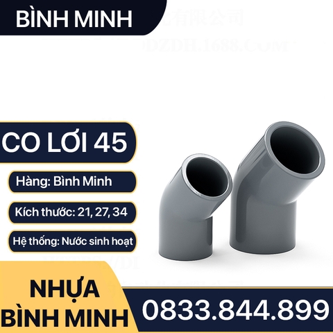 Co Lơi 45 Độ PVC Nối Ống Nhựa Trơn 21 27 34 - Thương Hiệu Nhựa Bình Minh