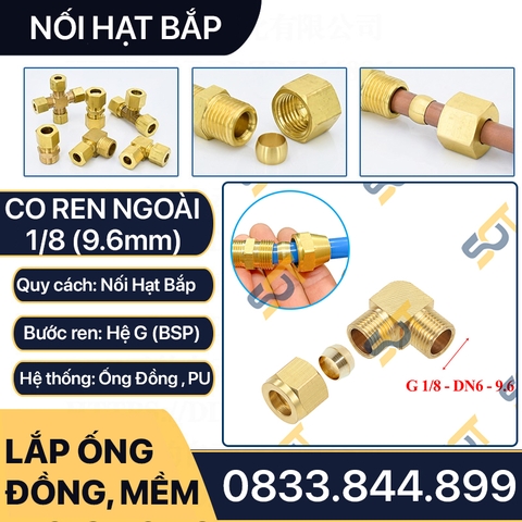 Co Ren Ngoài 1/8 (9.6), 1 Đầu Ren 1 Đầu Côn Lõm Hạt Bắp NPT Nối Ống Đồng, Ống PU