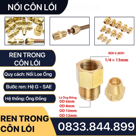 Bộ Nối Thẳng Ren Trong 1/4 (13) Côn Lồi Lắp Lã Ống Đồng NPT Phi 6 8 10 12mm (Brass Flare Fitting Female Connector NPT)