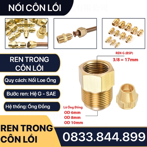 Bộ Nối Thẳng Ren Trong 3/8 (17) Côn Lồi Lắp Lã Ống Đồng NPT Phi 6 8 10mm (Brass Flare Fitting Female Connector NPT)