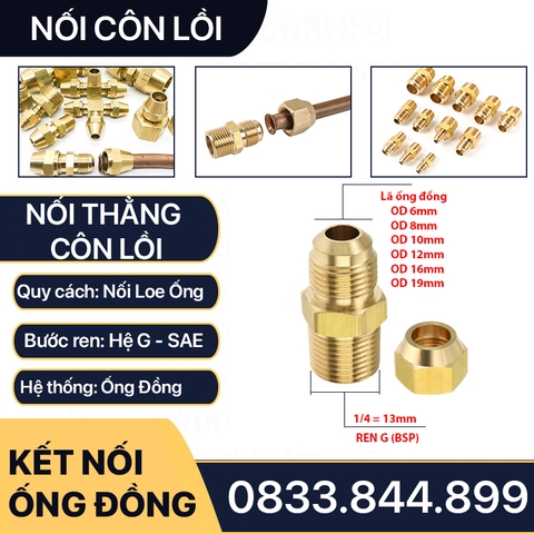 Bộ Nối Thẳng Ren Ngoài 1/4 (13) Côn Lồi Lã Ống Đồng NPT Phi 6 8 10 12 16 19mm (Brass Flare Fitting Male Connector NPT)