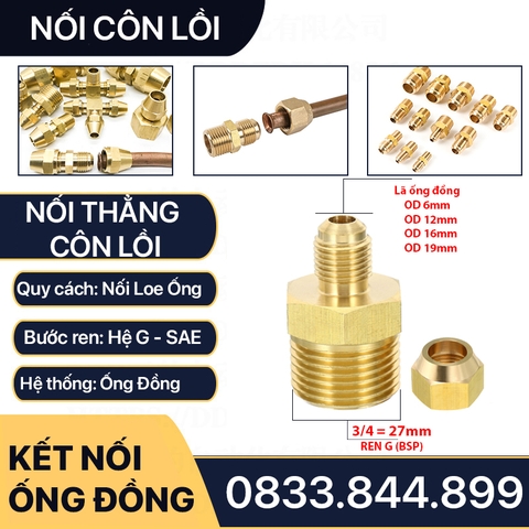 Bộ Nối Thẳng Ren Ngoài 3/4 (27) Côn Lồi Lã Ống Đồng NPT Phi 6 12 16 19mm (Brass Flare Fitting Male Connector NPT)