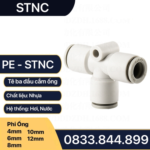 Tê PE Nối Nhanh, Nối Nhanh Cắm Ống Ba Ngã STNC Ống 4 6 8 10 12 16 - Màu Trắng (Chính Hãng)