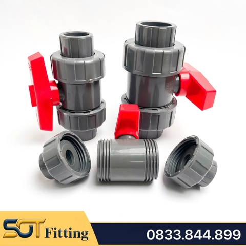 Van 2 Đầu Rắc Co, Khóa Bi Tay Gạt Kết Nối Bằng Rắc Co - Trơn Dán Ống Nhựa PVC