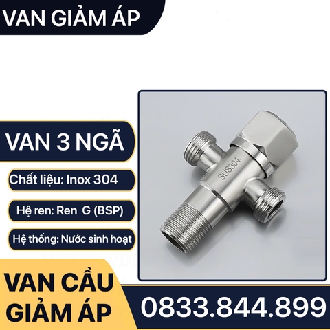 Van T Chia 3 Dòng Nước Bồn Cầu Inox 304, Van Giảm Áp Inox Ren 21 Lắp Đặt Chia Nước Bồn Cầu, Vòi Xịt